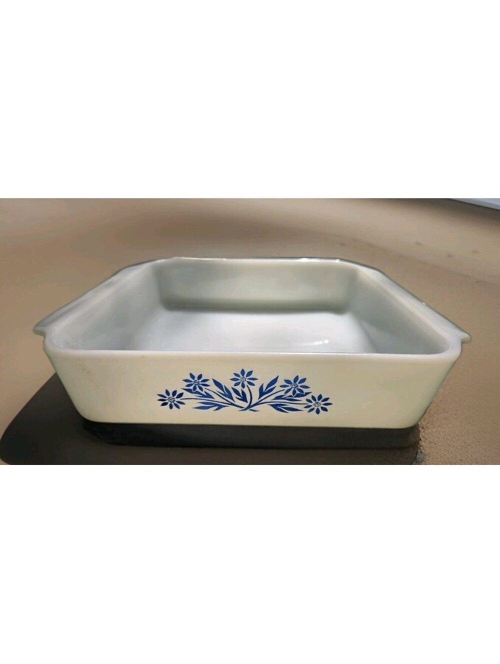 Anchor-Hocking #435 Blue Cornflower 8” Square White Glass Baking Pan Vintage